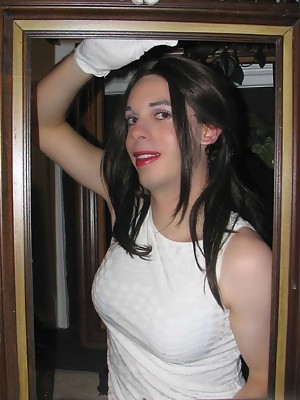 Crossdresser sissy in white tights fingering her ass